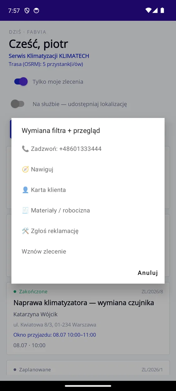 Akcje zlecenia: nawiguj, zadzwoń, checklista, protokół