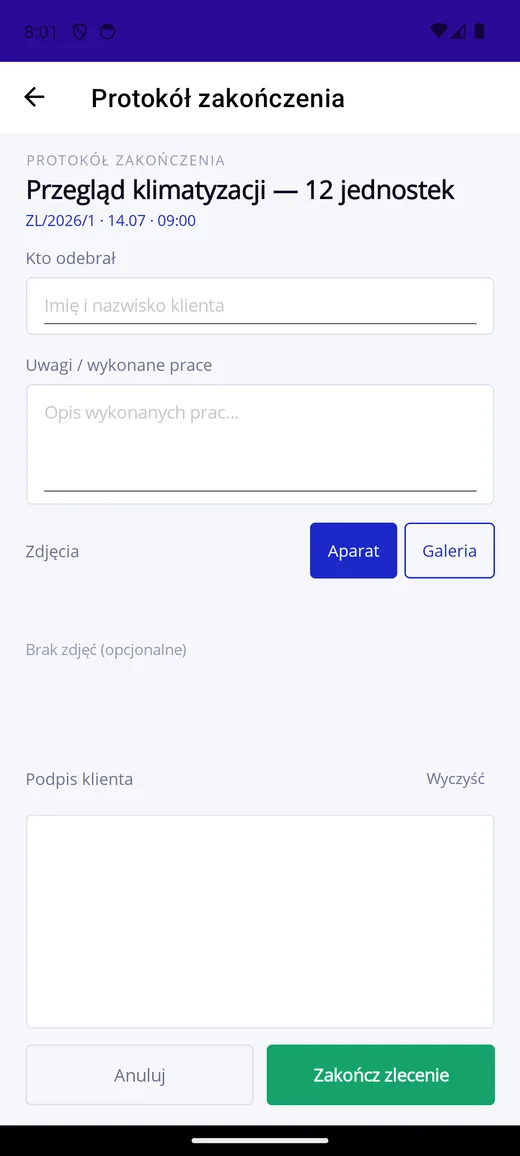 Protokół zakończenia z podpisem klienta